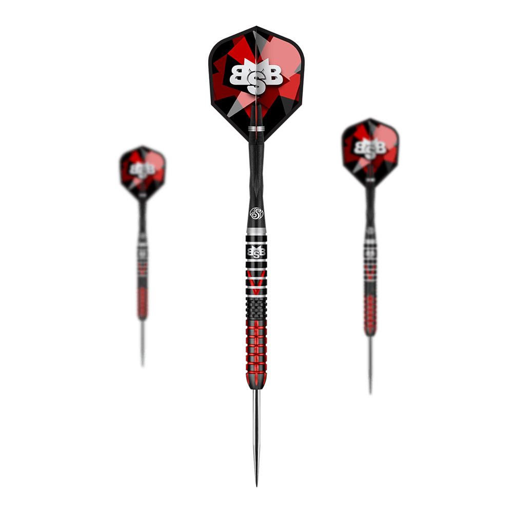 Auf dem Bild sind drei Steeldarts des Modells "Shot Michael Smith Defiant" zu sehen. Die Darts haben ein auffälliges schwarzes und rotes Design mit silbernen Spitzen.